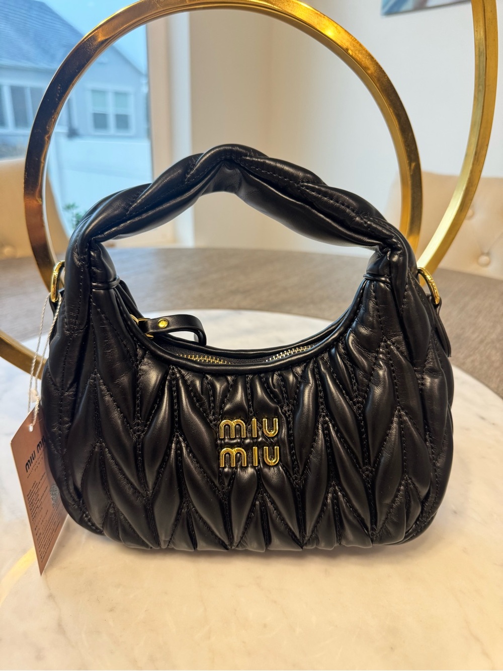 Miu Miu Black Quilted Leather Shoulder Bag with Gold Logo